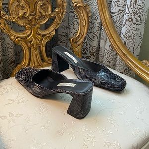 Vintage Snakeskin Square Toe Block Heels Mules